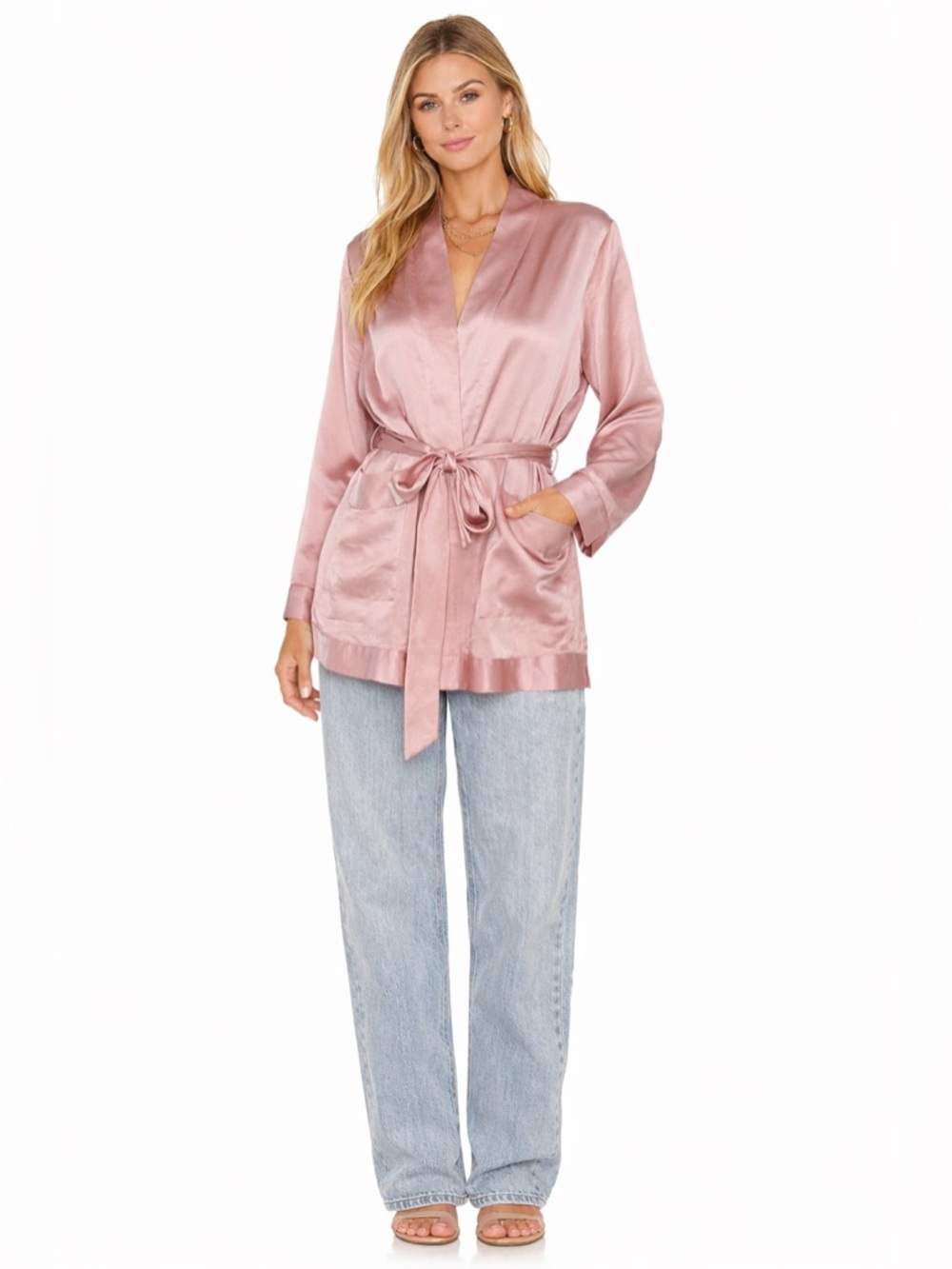 Aritzia Little Moon Satin Kimono Jacket Blush Pink Tie Waist Silky Small